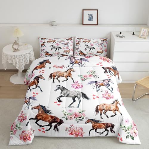 Erosebridal Horse Bedding Sets for Girls,Pink Horse Rose Comforter Full,Farmhouse Horse Bedding for Cabin Lodge,Western Cowboy Cowgirl Bed Sets with 2 Pillowcases