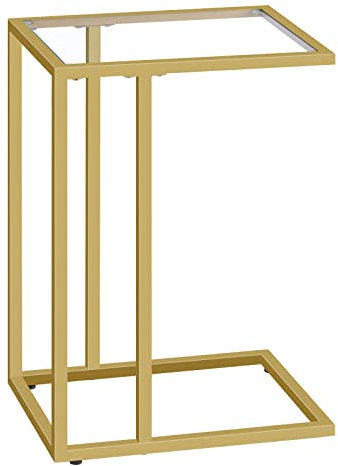 HOOBRO C-Form Beistelltisch, Goldglas Sofatisch mit Metallrahmen Couchtisch Nachttisch, Mobiler Kaffeetisch für Kleine Räume, Glastisch Wohnzimmer, Goldfarben EGD03SF01G1