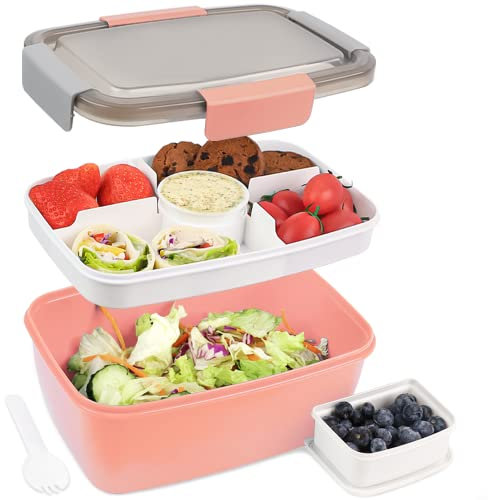 Bugucat Lunch Box 2000ML,Bento Box con Scatola di salsa, Porta Pranzo Scuola Pranzo Con Pratici Scomparti e Cucchiaio Microonde e Lavastoviglie Sicurezza Contenitore per insalata per Adulti e Bambini