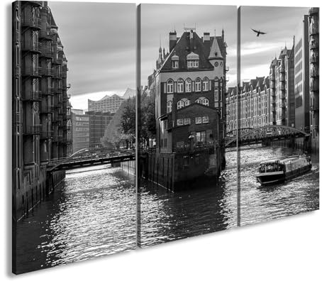 Leinwandbild Hamburg Speicherstadt Kanal bei Nacht Format: 120x80 cm (3Teilig) Effekt: Schwarz&Weiß XXL Kunstdruck Bild auf Keilrahmen/Wandbild/Wohnzimmer Deko