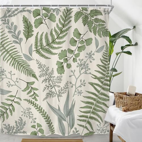 Riyidecor Fern Leaf Leaves Sage Green Shower Curtain for Bathroom Decor 60Wx72H Rural Eucalyptus Plant Natural Farmhouse Floral Botanical Art Printed Fabric Polyester Waterproof 12 Pack Plastic Hooks
