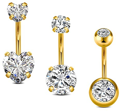 FECTAS 3pcs Belly Bars Gold 10mm Belly Button Bars Surgical Steel Navel Piercing Jewellery Heart Butterfly