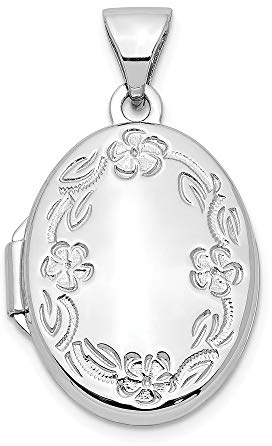 Medaillon, 14 Karat Weißgold, poliert, gravierbar, für 2 Fotos, 17 mm, ovales Blatt, Blume, handgraviert, Medaillon, Schmuck für Damen, One Size, Gold Metall Weißes Gold, Kein Edelstein
