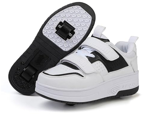 ObaBO Sportschuhe Skateboard für Jungen Mädchen, Skateboardschuhe Sportschuhe Turnschuhe Kinder Erwachsene, 2 in 1 Multifunktionale 2 Rollen Rollschuhe,Black-EU32