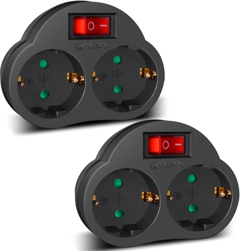 EXTRASTAR 2 en 1 Adaptador con Interruptor y 2 Enchufes Schuko, Adaptador de Regleta, hasta Carge 3680W, 16A/250V~, Negro, 2Pcs