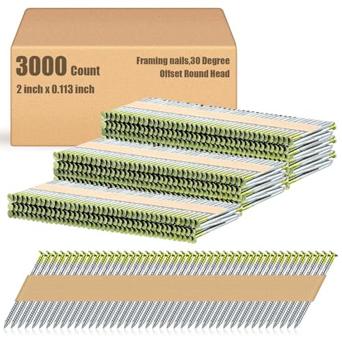 Yaocom 30 Degree Framing Nails, Offset Round Head, Galvanized, 2 x 0.113, 3000 Count, Silver, 2 inches x 0.113 inches, Ideal for Most 30-34 Degree Paper Tape Framing Nailers