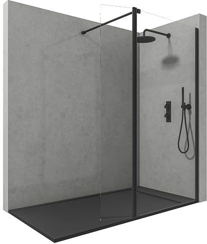 NEBADOON Mampara Ducha Fija 8+6mm 60 Fijo+40 Abatible Negra Mate | Frontal con Antical para Limpiar de una Pasada, Hoja que Gira 180 Grados Sin Estorbar, Barra Inox que Ajusta a la Pared