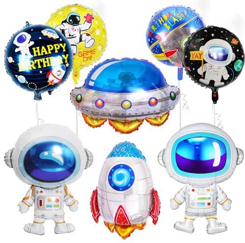 8 Stück Weltraum Astronaut Folienballon, Weltraum Themenballon, Rakete Raumschiff Helium Ballon, Kinder Happy Birthday Astronaut Ballon, Rakete Luftballons für Jungen Geburtstag Party Dekoration