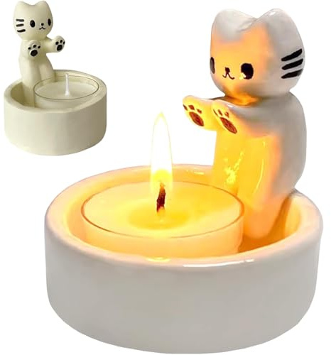 Quixotical Katzen Kerzenhalter, Cartoon Kätzchen Teelichthalter, Niedliche Katzen Stumpen Kerzenhalter, für Katzenliebhaber, Wohnzimmer und Schlafzimmer Deko Tischdeko (A)