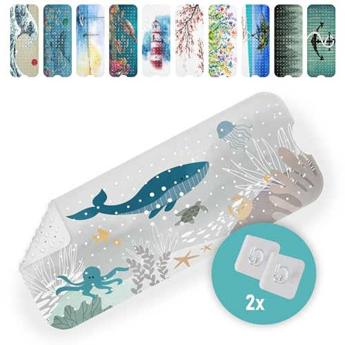 arteneur Badewannenmatte 100x40 cm Wasserwelt Grau, rutschfest | Mit 200 Saugnäpfen, auch für Kinder, BPA-frei, schimmelresistent, maschinenwaschbar 30°C, inkl. Aufhängung zum Trocknen