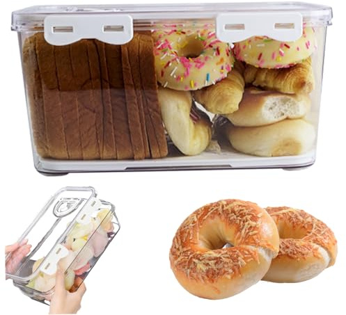 Hperu Glass Bread Box,13x8x3in Transparent Dust-proof PET Bread Container Bakery Loaf with Lid Time Recording Fridge Food Storage Containers with Removable Colanders