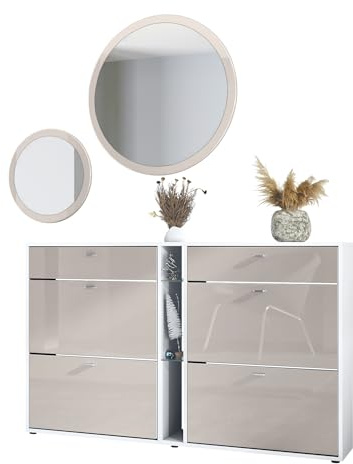 Vladon Garderoben-Set Florence mit Schuhschrank und 2 Wandspiegel, Made in Germany, Weiß matt/Sandgrau Hochglanz