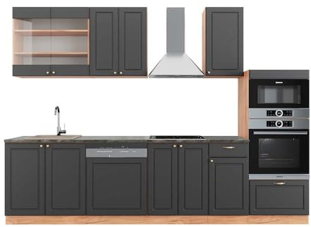 Vicco Küchenzeile Fame-Line, Anthrazit Landhaus/Goldkraft Eiche, 300 cm mit Hochschrank, AP Anthrazit, zur individuellen Erweiterung durch kompatible Zusatzmodule