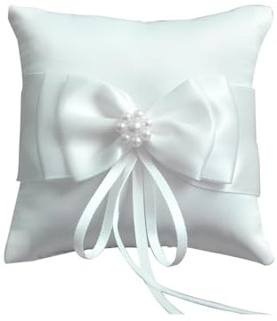 Amexo Coussin Alliance Mariage Blanc Porteur Coussin Bague avec Perle de Simulation Porte Alliance Mariage de Style Romantique pour Bague de Fiançailles ou Alliances (10 x 10cm)