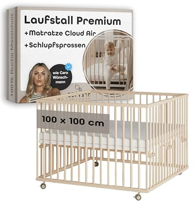 Sämann Laufstall Baby mit Matratze Cloud Air und Schlupfsprossen | TÜV geprüft | stufenlos höhenverstellbar | Laufgitter Premium | Babybett aus Holz | Krabbelgitter (natur, 100x100 cm)