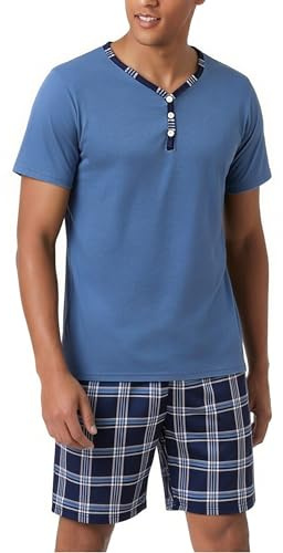 Irdcomps Schlafanzug Herren Pyjama Kurz Shorty Sommer Baumwolle Nachtwäsche Set Schlafanzüge Männer Karierter Kurzarm Blau 3XL