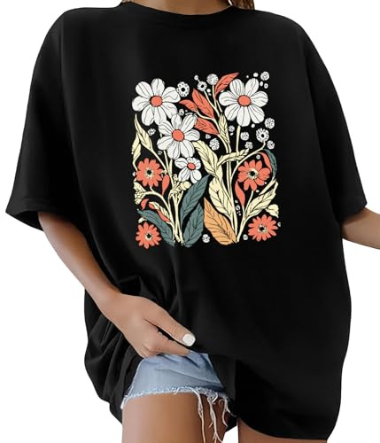Xnova Tee Shirt Femme Grande Taille Coton T-Shirts à Manches Courtes Col Rond Oversize Graphic Long Top Casual Loose Haut Été, E-Noir, L