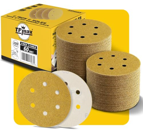 100 discos de lija de 6 pulgadas, grano 60, 150 mm, 6 agujeros, gancho y bucle redondos dorados de alta calidad para lijadora orbital aleatoria, ideal para madera, metal, automoción