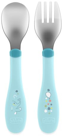 Chicco Set av rostfritt stål, babyset, gaffel och sked för barn, av rostfritt stål, lätt att greppa, 2 stycken, 18 m, ljusblå
