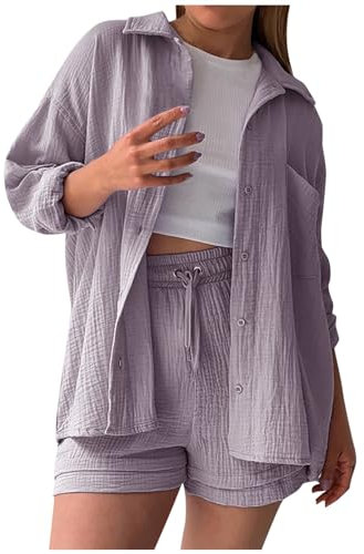 TTNTTR Sommer Zweiteiler Damen Elegant Musselin Bluse Und Shorts Casual Einfarbig Outfit Button Down Baumwolle 2 Teiler Strand Outfit Set Oversize Y2K Sportanzug Loungewear Lila M