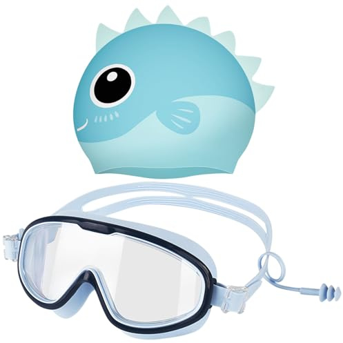 Ynaice 2 Pack Kids Swim Goggles with Swim Cap, Swim Kit No Leaking Soft Anti Fog UV Protection Clear Vision Silicone Swimming Cap for Children Boys 3-14 Blue