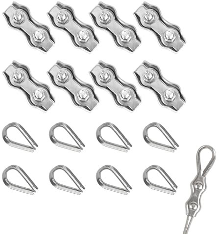 Wire Clamp 16 PCS M4 Duplex Wire Rope Grips with Wire Rope Thimbles, Stainless Steel 4mm Wire Rope Clamp Fence Wire Connector for Wire Rope Cable for Clothesline Tensioner Awning Fixed
