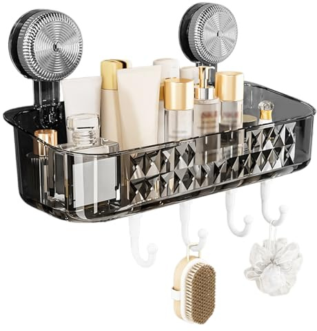 QINGZY Estanteria Ducha, Sin Taladro, Estanteria Ducha Montaje en Pared, Estantería Baño Ventosas, Organizador de Baño Separable con Ganchos para jabón, champú, Max 5KG Soporta (Negro)