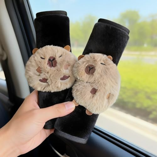Zigihos 2 PCS Seat Belt Cover Pad, Cute Kawaii Animal Capybara Seatbelt Covers for Kids, Soft Seatbelt Cushion, Car Seat Strap Pads (Black(A))