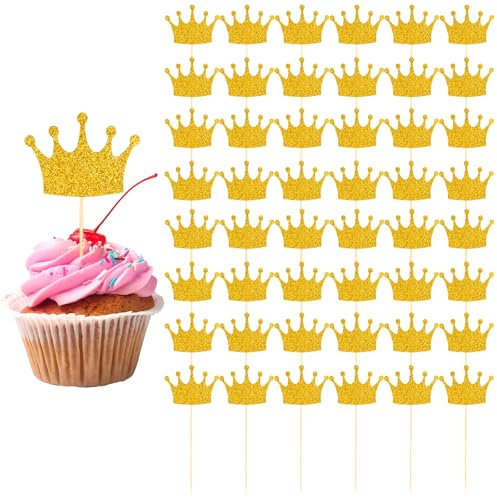 50 Pcs Gold Princess Cupcake Toppers, Crown Cupcake Toppers Glitter Queen Crown Cupcakes Picks for Queen Princess Theme Princesses Cake Decorations for Celebrating Birthday Party Decoration Supplies