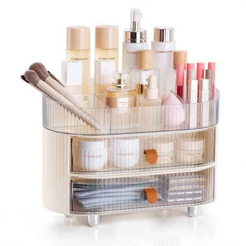 Corkovia Organizer per Cosmetici con Cassetti, 3 Livelli Organizzatore Grande Porta-Trucchi per Make-up e Skincare, Ideale per Toilette, Bagno e Camera da letto, Realizzato in ABS Spesso, Trasparente