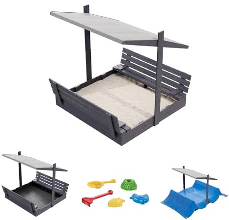 QLS Sabbiera in legno 150 x 150 cm con panchina tetto e copertura impregnata per giardino (grigio, 150 cm)