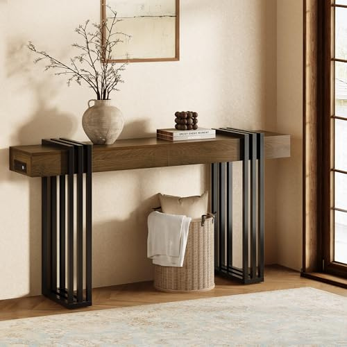 Curlaky 63 Long Console Table for Entryway - Behind Couch Table for Living Room, Wood Sofa Tables with Black Parallel Metal Frame & Power Outlet for Hallway, Entrance, Narrow Foyer, Walnut