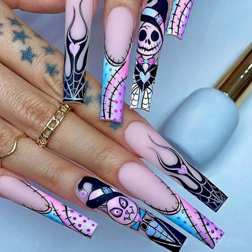 24 Stück Halloween Press on Nails Lang Sarg, Gothic Kunstnägel zum Aufkleben mit Cartoon Muster Design, Acryl Full Cover Künstliche Nägel, Wiederverwendbar Fingernägel zum Aufkleben für Frauen Mädchen