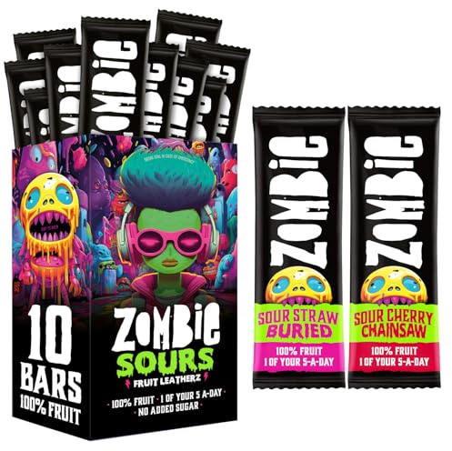 Zombie 100% Fruit Bars, Sour Strawberry & Sour Cherry, 10 x 25g Bars | 1 of your 5-a-day, Healthy Lunchbox Snacks for Kids and Adults; No Added Sugar, Vegan, Gluten Free, Halal, Dried Fruit