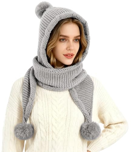 TAGVO 3-in-1 Strick Kapuzenschal Mütze mit Kunstpelz-Bommel, Schal & Ohrenschutz, Fleecegefütterte Warme Winterhaube für Damen