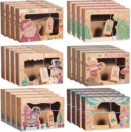 JOYELL 24 Pcs Christmas Cookie Boxes with Window, Christmas Cake Boxes with Xmas Twine String and Tags, Sweet Cupcake Gift Box for Xmas Party Holiday Supplies, 8.7 x 5.9 x 2.75 inches