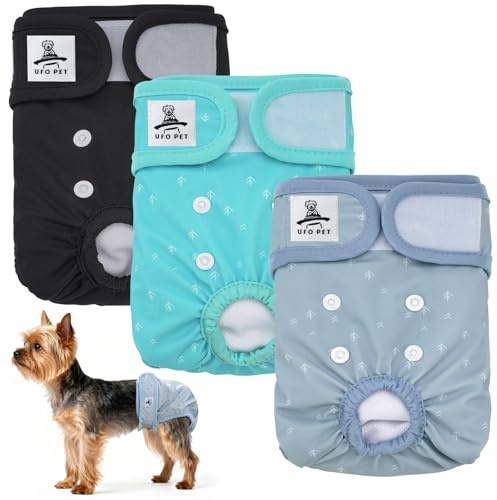 UFO PET Wiederverwendbare Hunde Windeln Weiblich, Läufigkeitshose für Hündinnen S (3 Stück), Hochsaugfähige Hundewindeln für Hündinnen mit Starkem und Flexiblem Verschluss - Schwarz/Dunkelgrau/Grau
