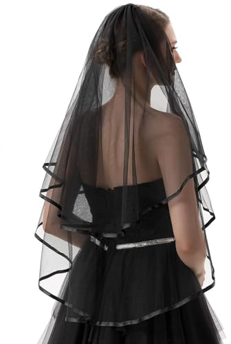 JYSNOW 60-80cm Velo Novia, Velo corto de novia blanco de 2 niveles con Peine, para Despedida de Soltero Fiesta de Boda (Negro)