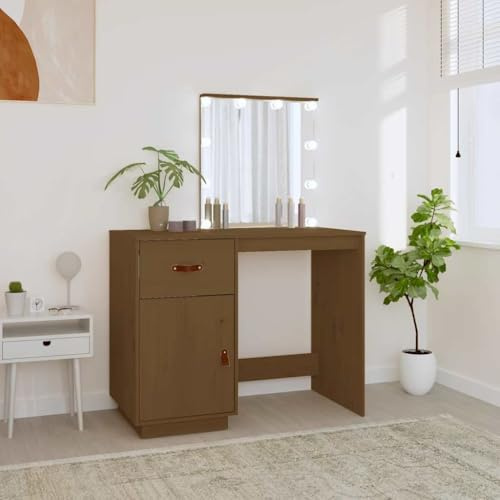 Toletta Con Luci LED In Legno Massello Di Pino, Scrivania Trucco Con Specchio e Cassetti, Tavolino Da Toilette Illuminato Per Camera Da Letto, Postazione Trucco Moderna Marrone Miele, 95x50x133.5 cm