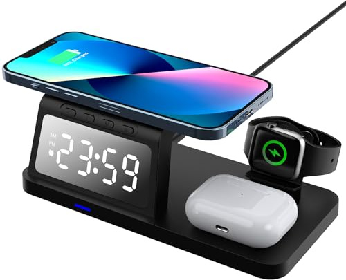 PUSOKEI Kabellose Ladestation mit Wecker, 3-in-1-Mehrfach-Ladestation für Handy-Uhren-Ohrhörer, 15 W Schnellladung