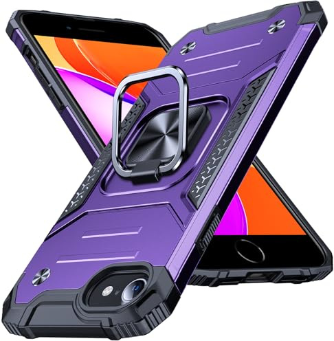 Anqrp Heavy Duty Case for iPhone 6/7/8/SE/SE2 Case with Enhanced Ring Holder Grip Stand, Military Grade Shockproof Rugged Drop Protective Silicone Hard iPhone SE Phone Case Cover, Purple