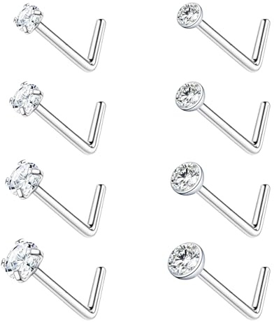 sawyofu Nose Stud Ring Silver 8PCS 20G Hypoallergenic Stainless Steel Small Thin CZ L Shaped Nose Studs Body Piercing Jewellery Lip Bars 1.5mm 2mm 2.5mm 3mm