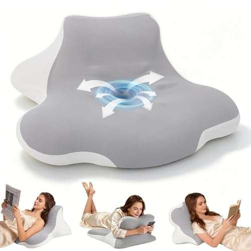 Oreiller Cervical Ergonomique en Mémoire de Forme, 4 in 1 Coussin Papillon avec Soutien pour Épaules et Nuque, 2 Hauteurs Réglables pour Dormeurs sur Le Côté, Le Dos et Le Ventre - Gris-Blanc