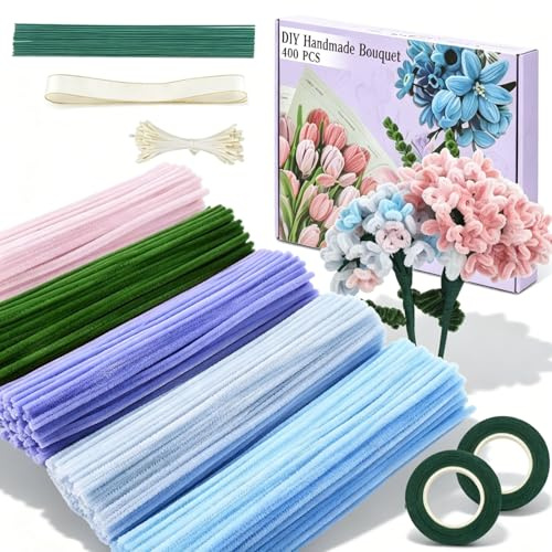 400 Piezas Limpiapipas Manualidades Flores Set de Limpiapipas Flores, Limpia Pipas para Manualidades de Colores con instrucciones, cintas para Flores, para Regalos Artesanales y Decoración