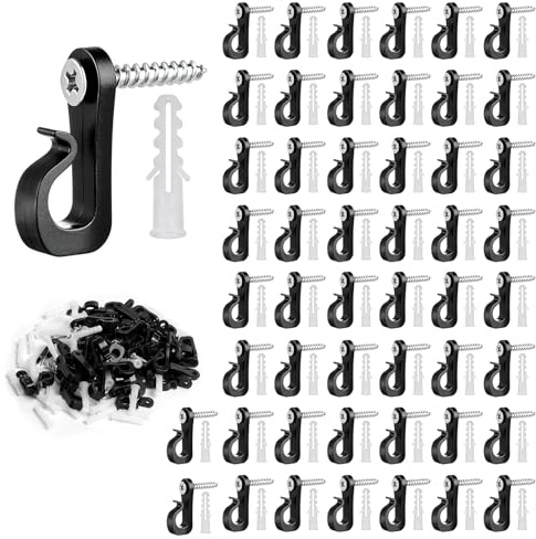 TQIOQIY 50 Pack Q Hanger Hooks with Safety Buckle, Screw Hooks for Outdoor String Lights, Wall Mounted Patio Hangers, Heavy Duty Garage Workshop Kitchen Storage, Indoor Cup Hooks Garden Fence