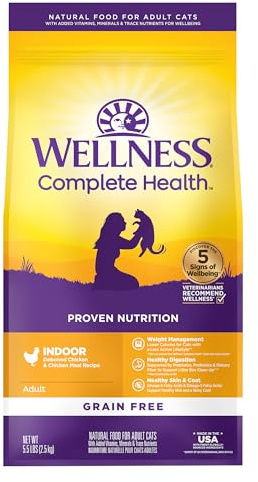 Wellness Complete Health Adult Dry Cat Food for Indoor Cats, Natural, Grain Free Kibble, Chicken Recipe, 5.5 lb Bag