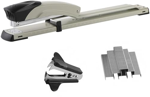Long Reach Stapler,with 2000 Staples & Stapler Remover Full Strip，20-25 Sheet Capacity,with Built-in Ruler and Adjustable Locking Paper Guide, Gray