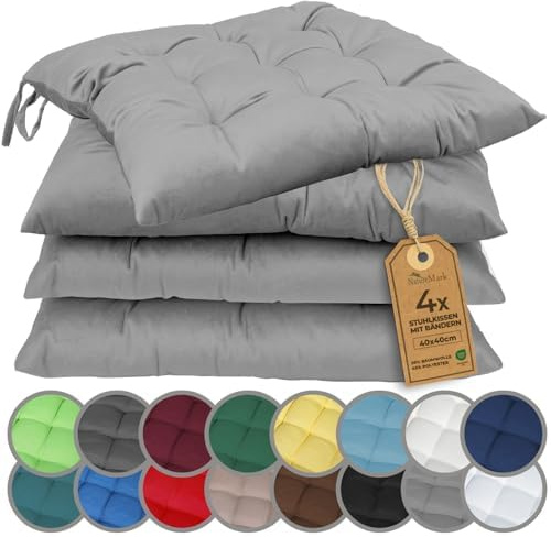 NatureMark 4er Set Stuhlkissen mit Bändern 40x40 cm – Gefüllte Sitzkissen, Outdoor & Indoor – Silber grau