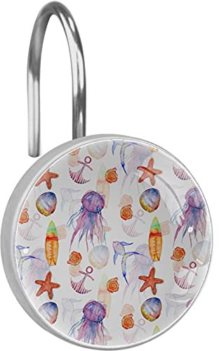 Set di 12 ganci per tenda da doccia con stelle marine ad acquerello e conchiglie, anelli per tenda da doccia, resistenti alla ruggine, per il bagno