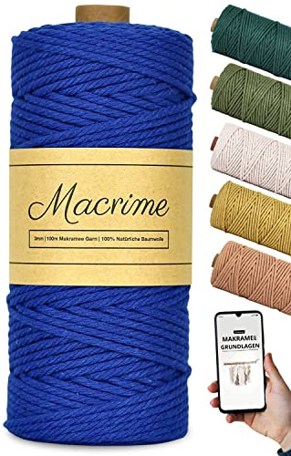 Macrime Premium Makramee Garn Blau 3mm x 100m + Anleitung/Ebook - 100% natürliche Baumwolle, 4-Fach gezwirntes Baumwollgarn - DIY Baumwollkordel zum Basteln